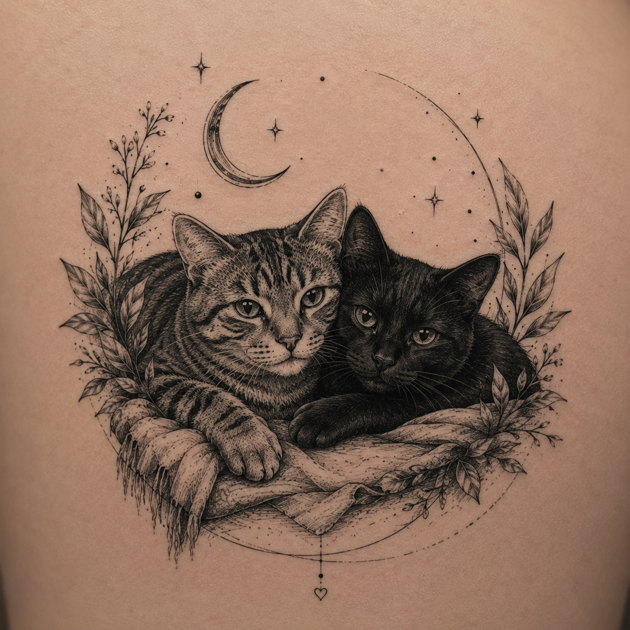 Fine-line cats with crescent moon and botanicals