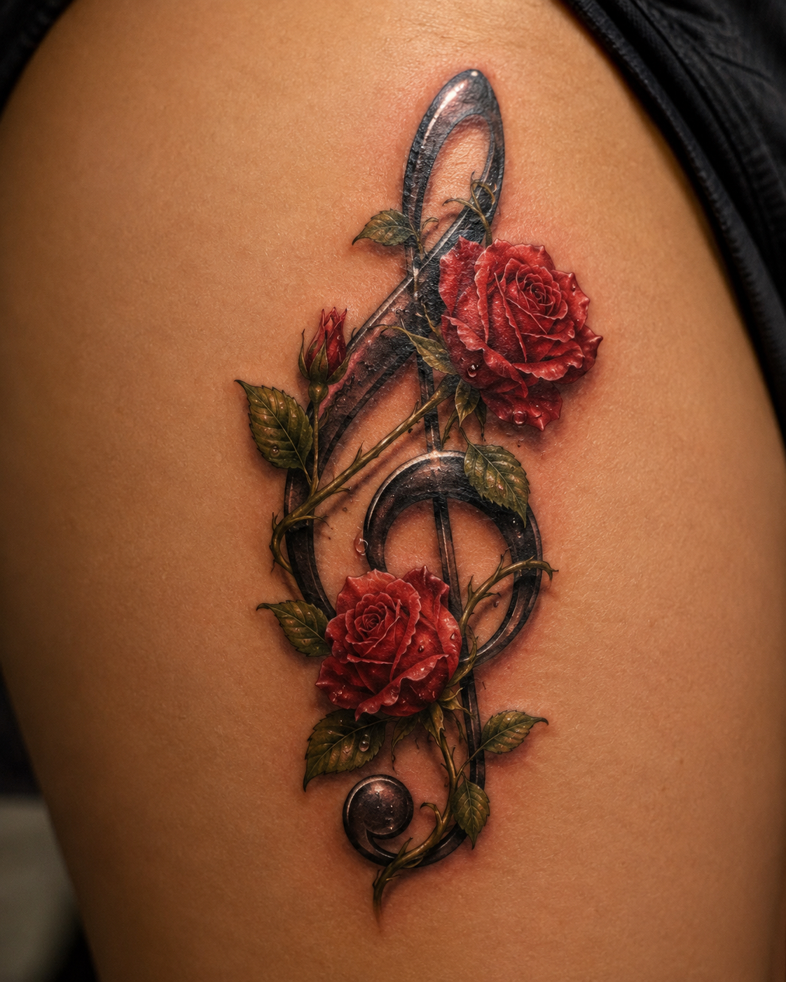 Color treble clef tattoo with red flowers