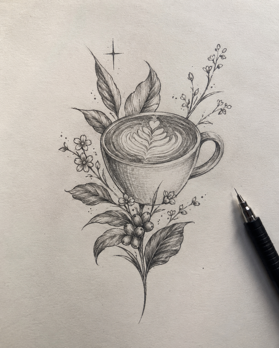 Fine-line coffee cup botanical illustration