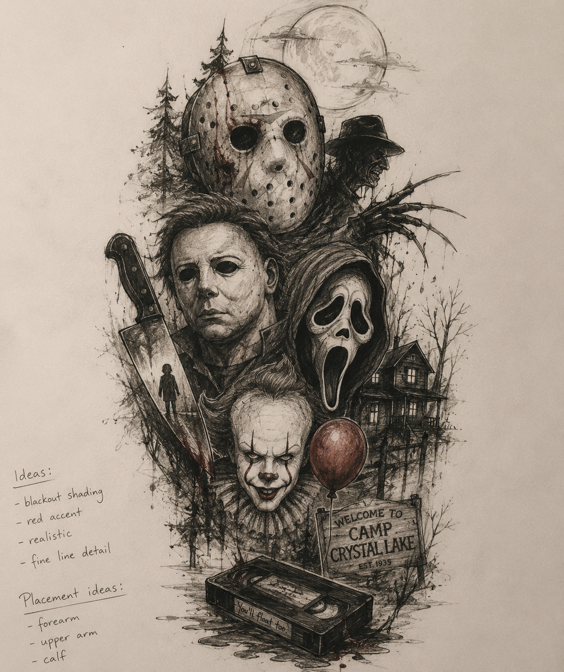 Horror-inspired blackwork flash composition