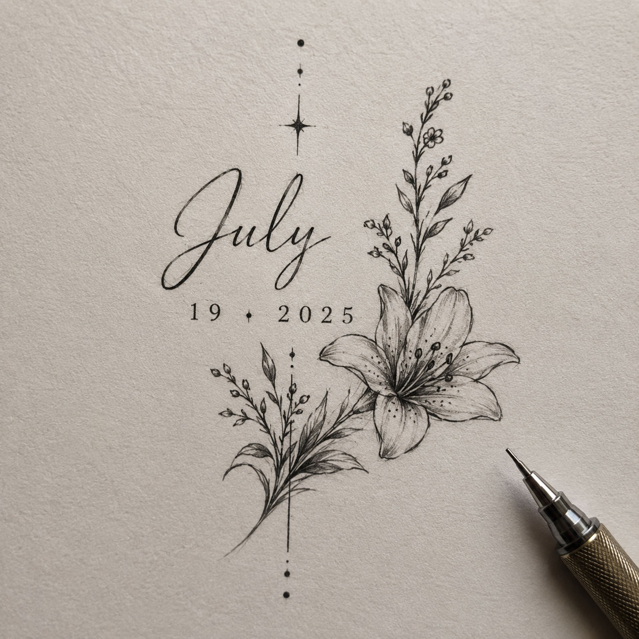 Fine-line July floral birth month tattoo design