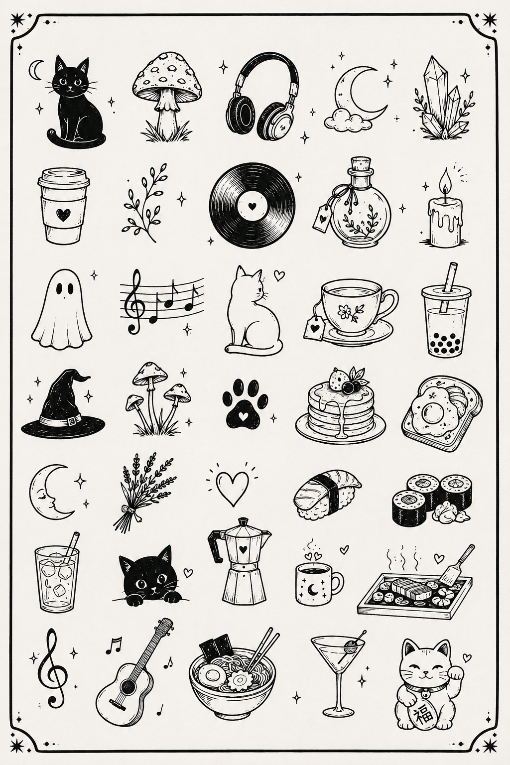 Whimsical fine-line flash sheet with cozy icons