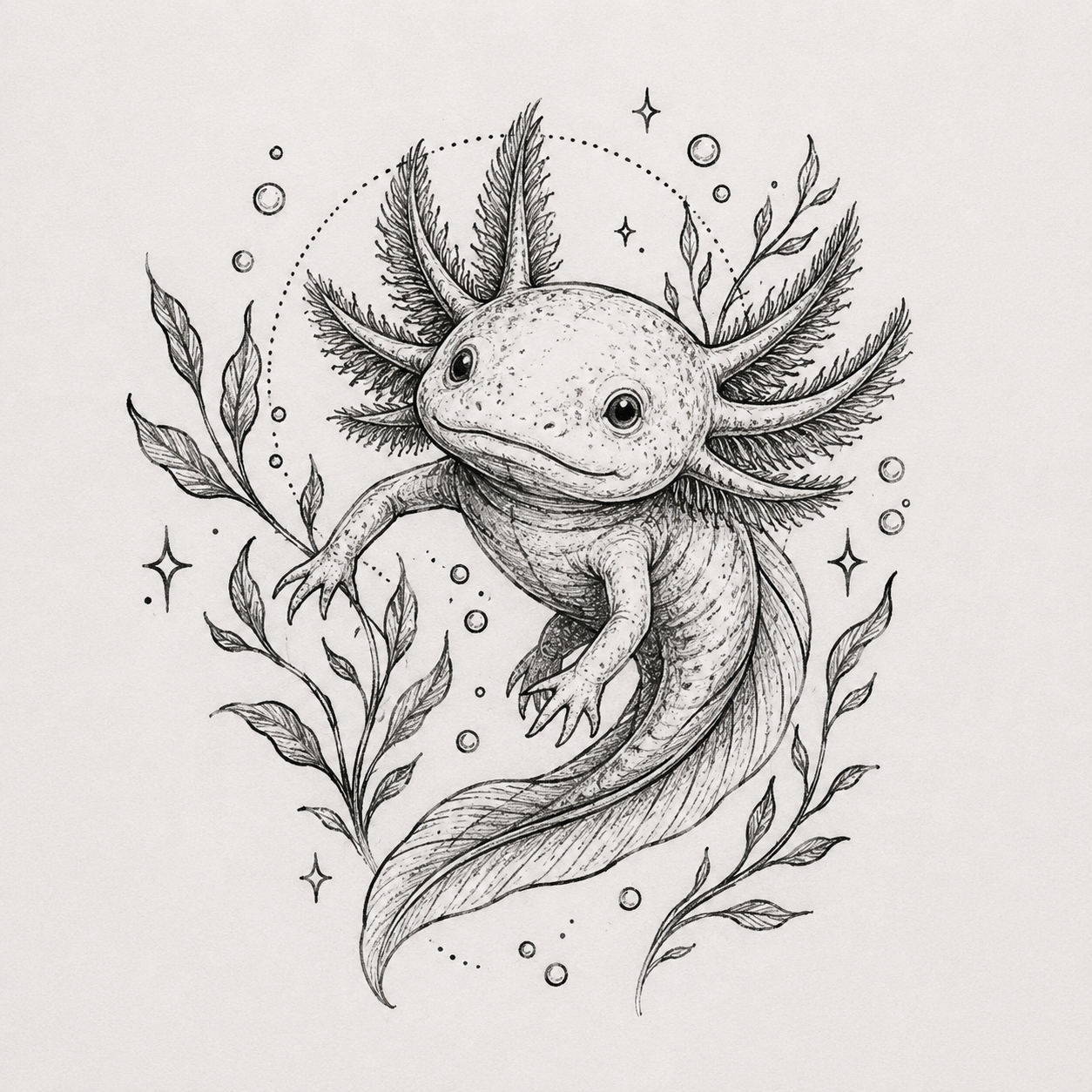 Fine-line axolotl with botanical frame