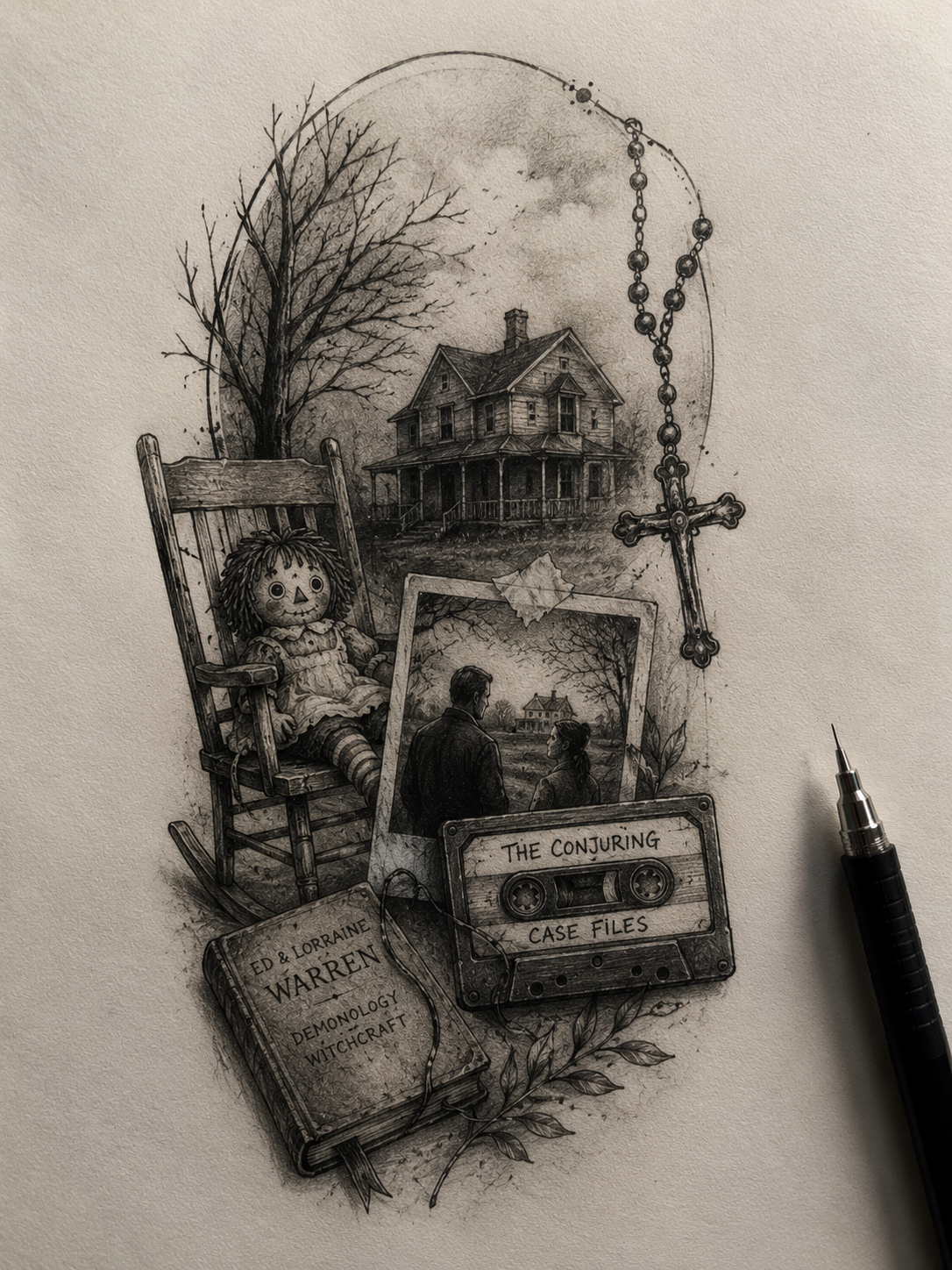 Blackwork haunted house and horror film tattoo design