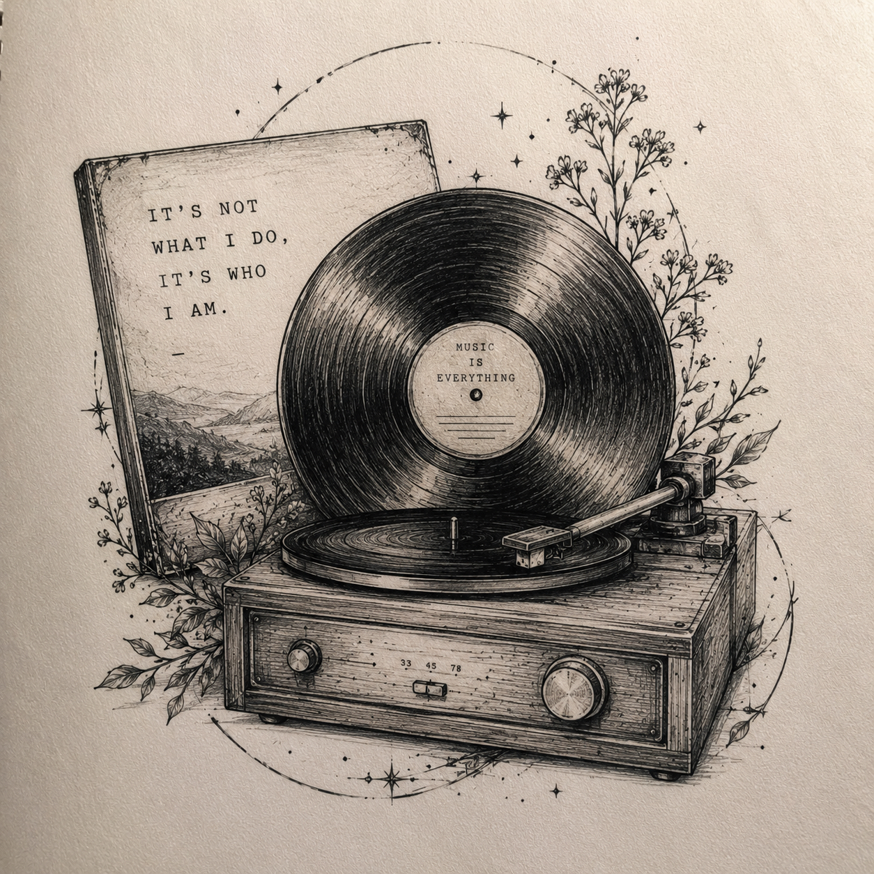 Blackwork record player and botanical quote design
