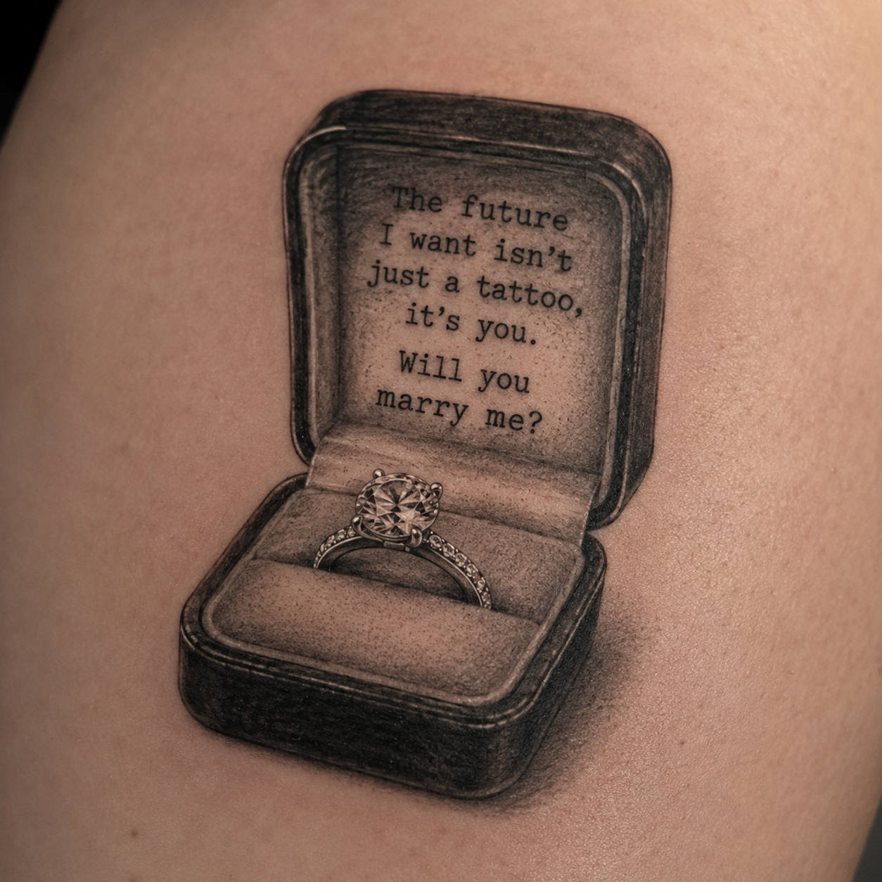 Fine-line engagement ring tattoo with handwritten message