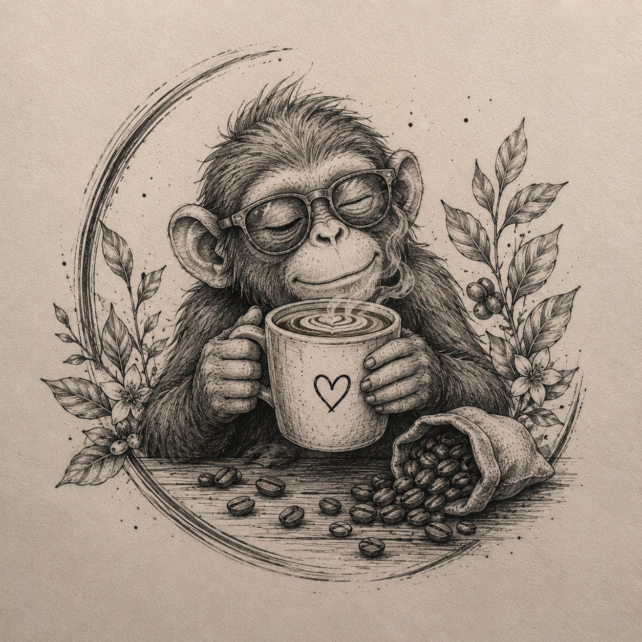 Whimsical monkey drinking coffee in a botanical frame