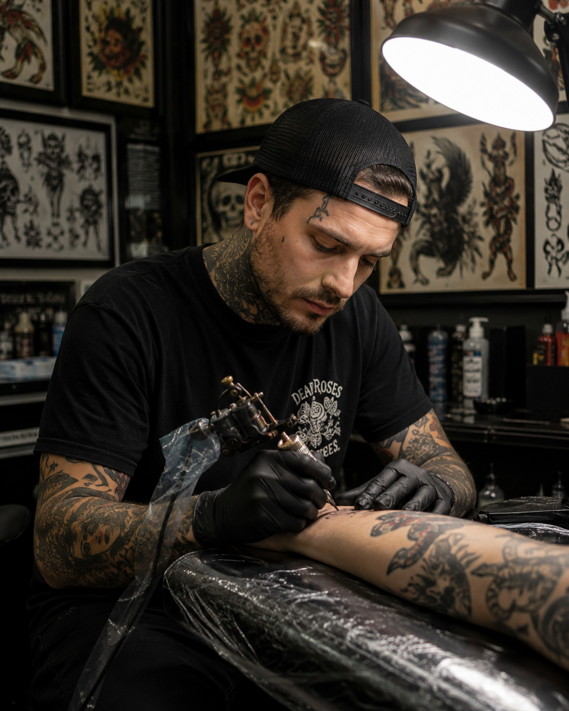 Ethan Graves tattooing in the studio