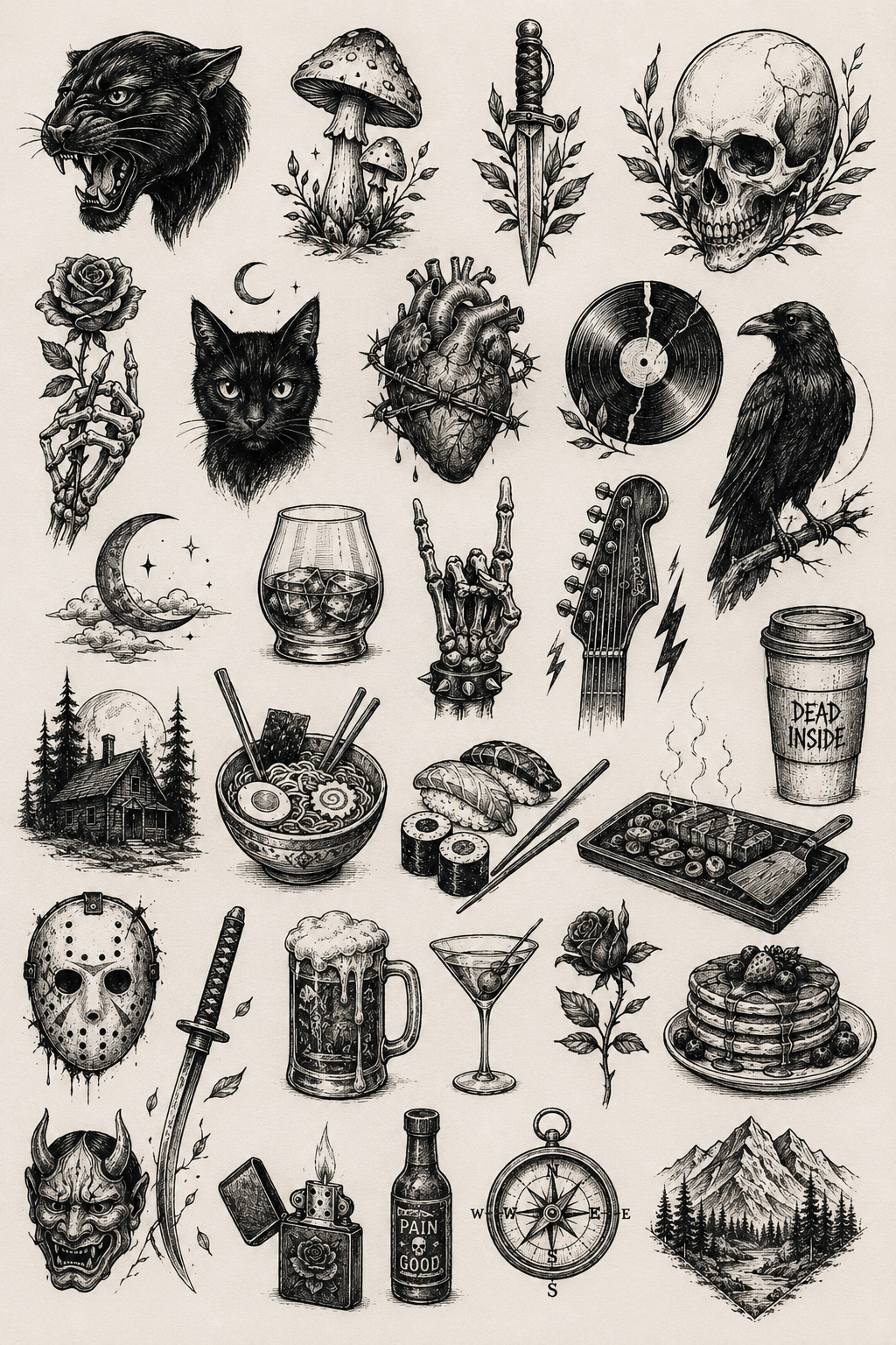 Blackwork flash sheet with horror, botanical, and whimsical imagery