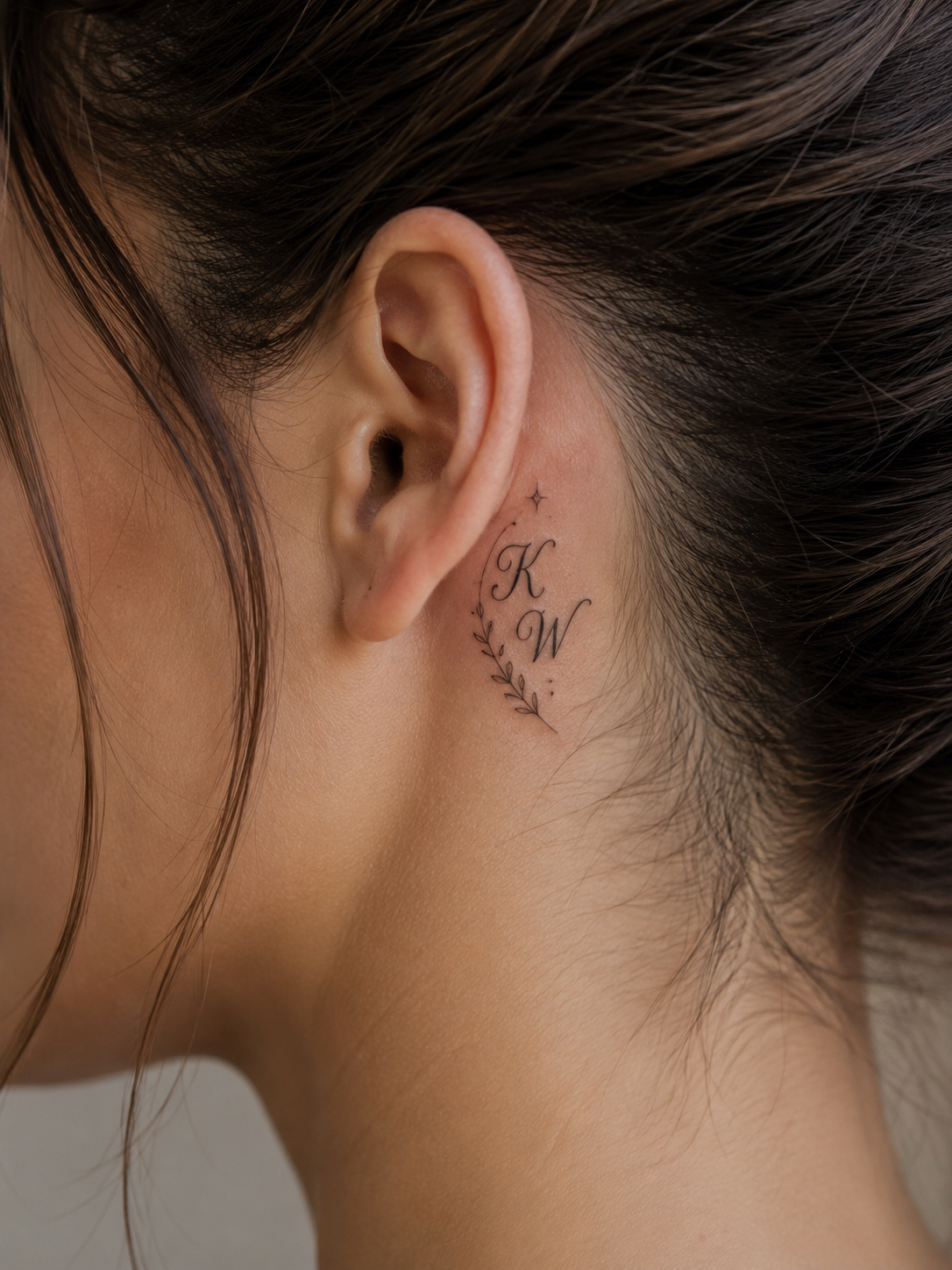 Tiny fine-line initials tattoo behind the ear