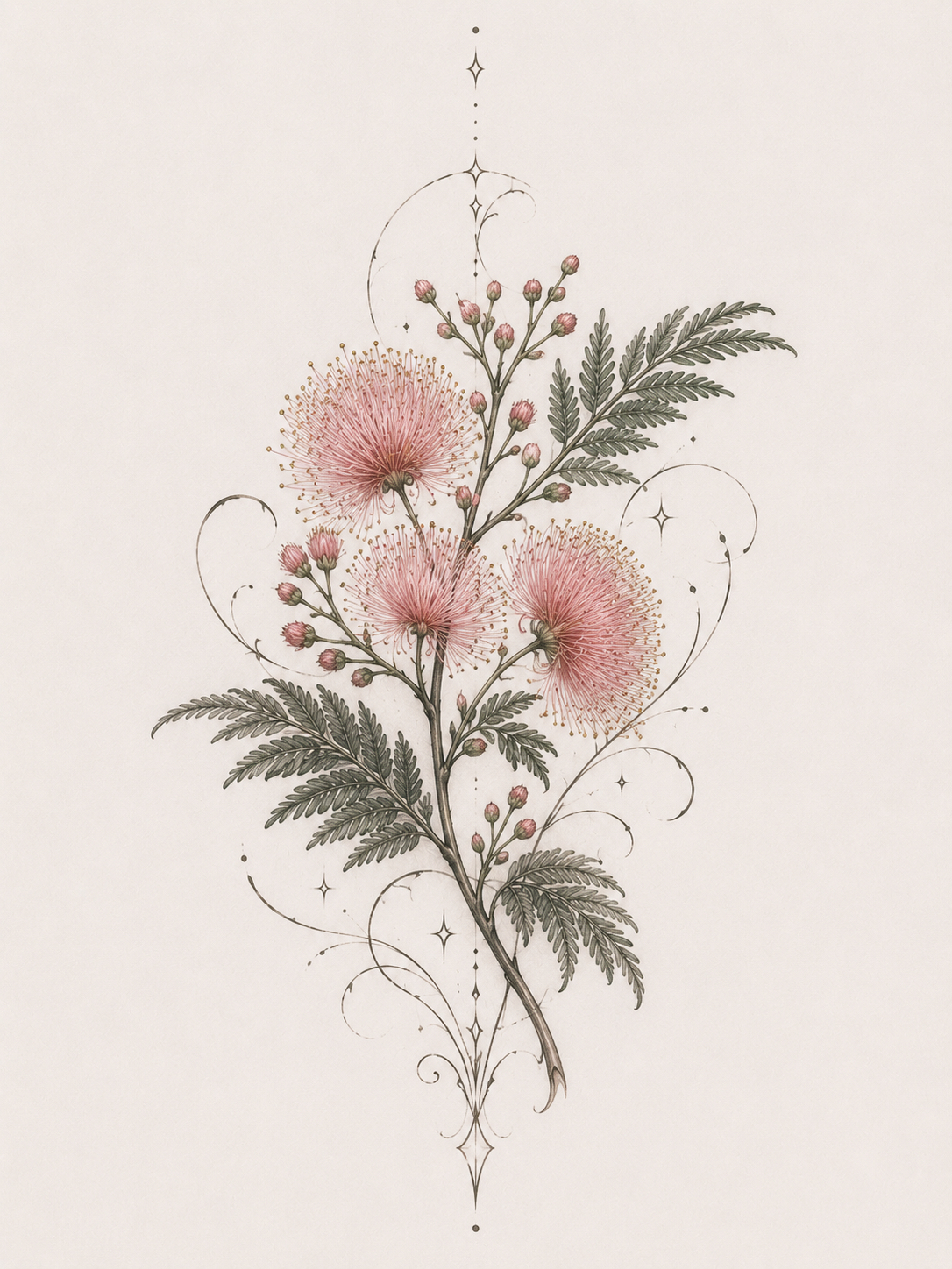 Soft color botanical tattoo design with pink blossoms