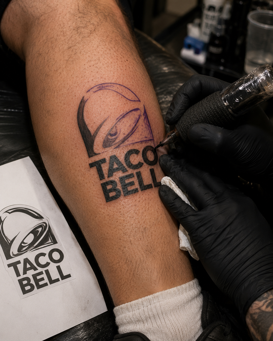 Color Taco Bell inspired custom tattoo in progress
