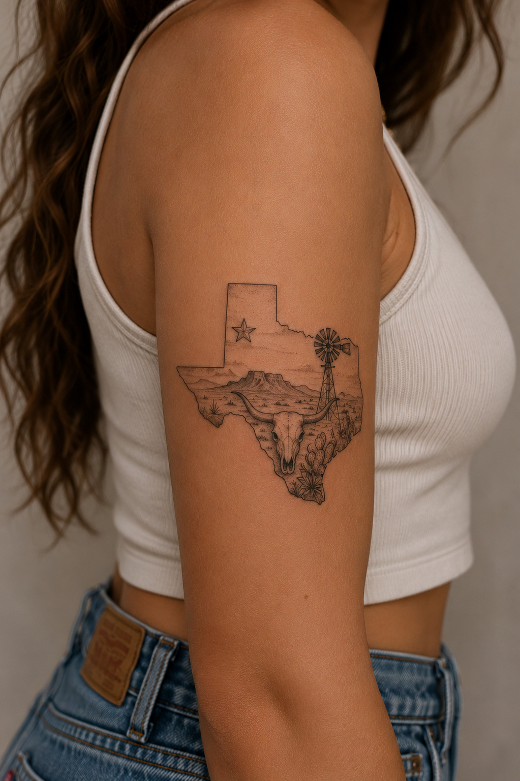 Fine-line Texas landscape tattoo on upper arm