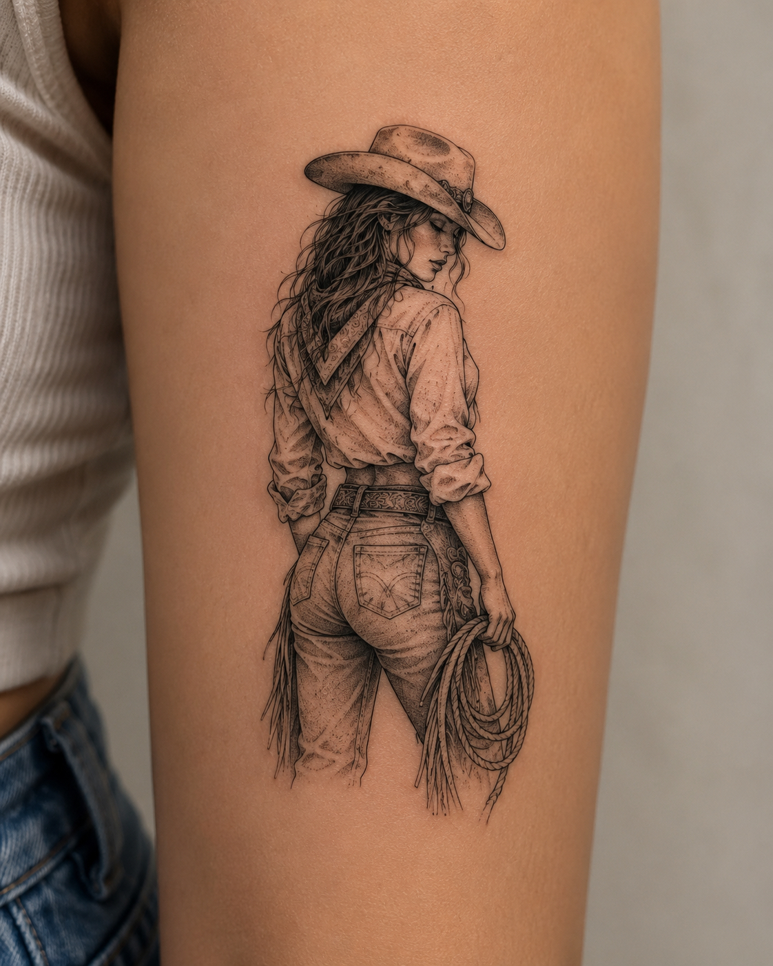 Blackwork cowboy tattoo illustration on upper arm
