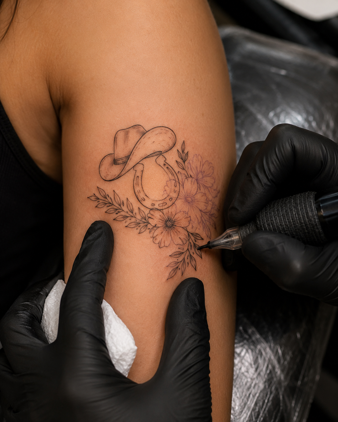 Color floral script tattoo in progress