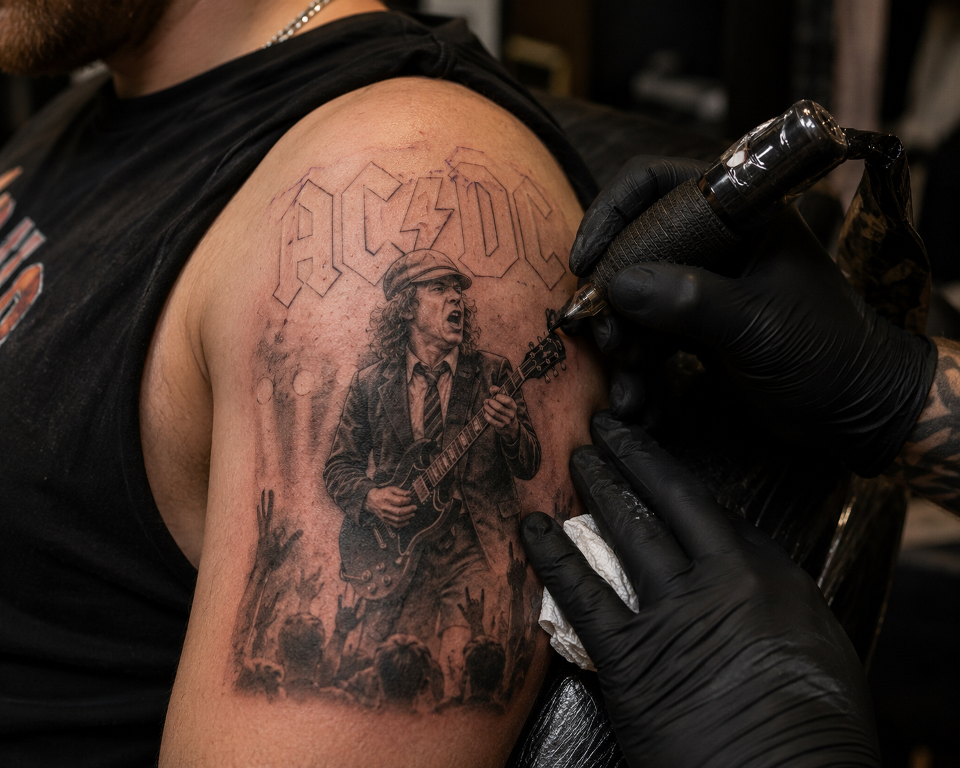 Black and gray portrait-style tattoo in progress