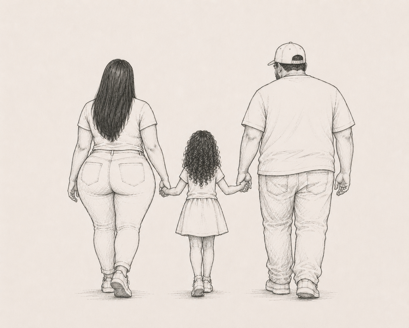 Fine-line family portrait walking together tattoo design