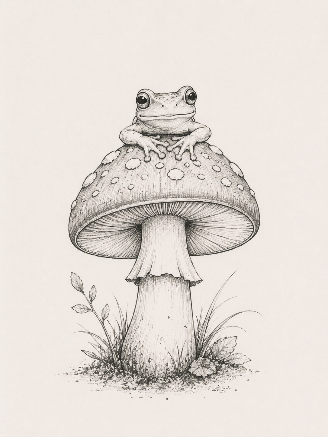 Fine-line frog on mushroom botanical tattoo design