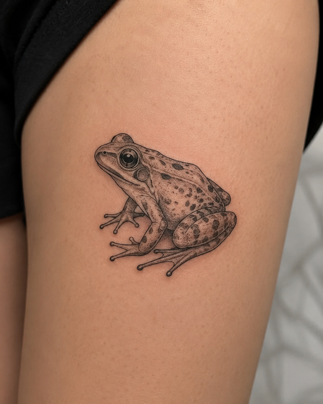 Small color frog tattoo on upper arm