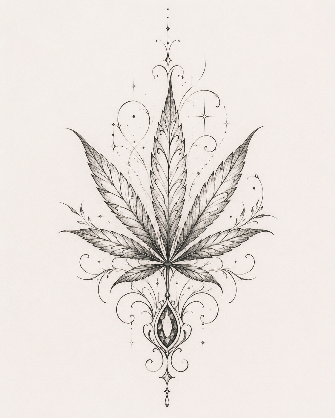 Fine-line botanical leaf ornament tattoo design