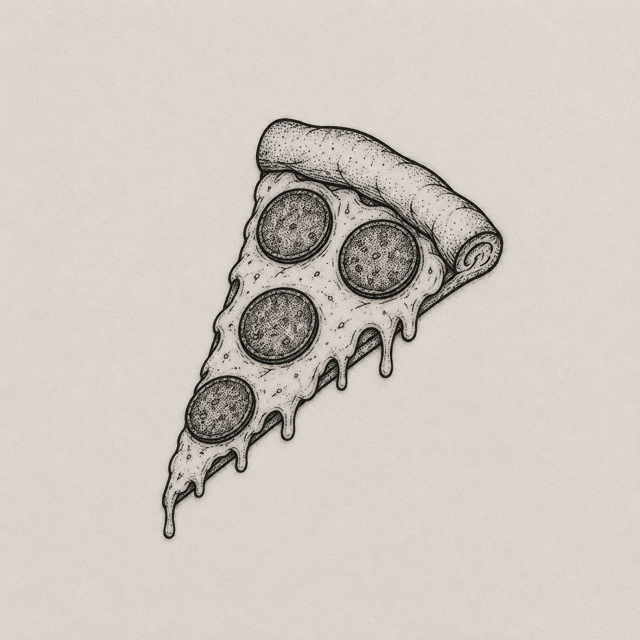 Fine-line pizza slice tattoo illustration
